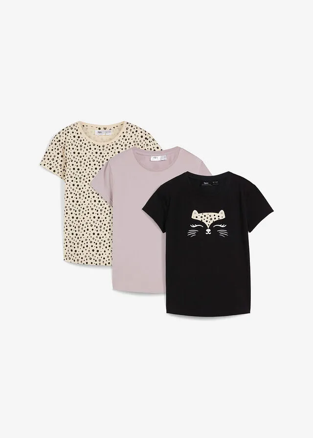 Camiseta de algodón orgánico para niñas (3 unidades) marrón+negro
